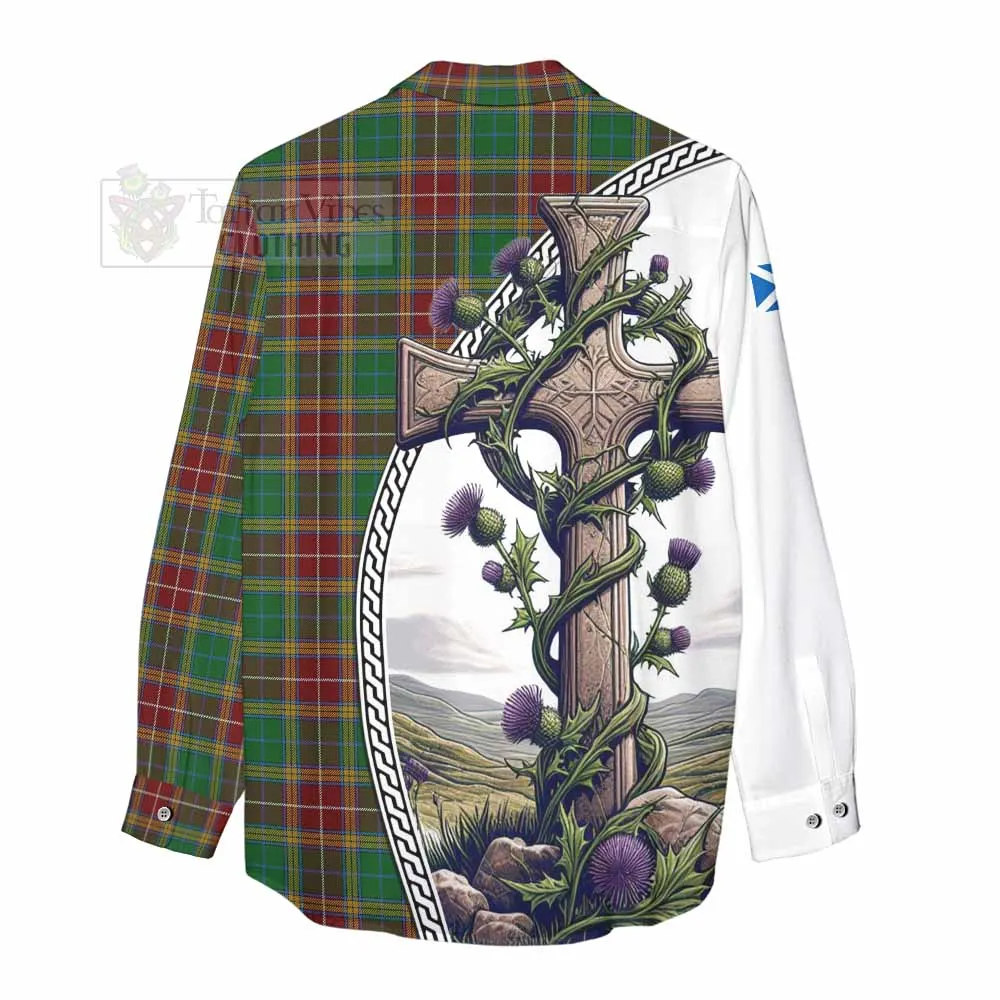 Baxter Tartan Women's Casual Shirt with Family Crest and St. Andrew's Cross Accented by Thistle Vines
