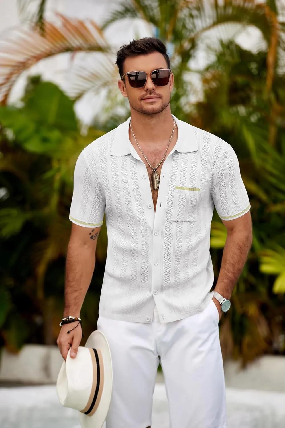 COOFANDY Men's Knit Button Down Shirt 2025 Vintage Short Sleeve Polo Shirt Casual Beach Tops