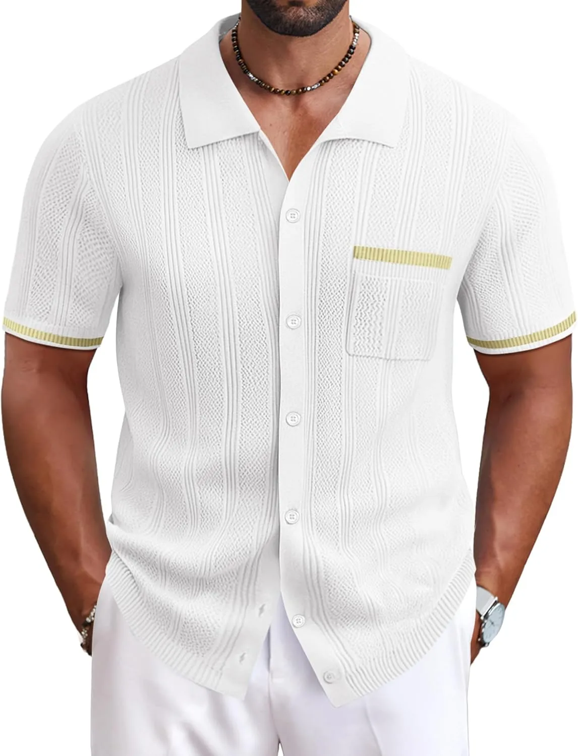 COOFANDY Men's Knit Button Down Shirt 2025 Vintage Short Sleeve Polo Shirt Casual Beach Tops