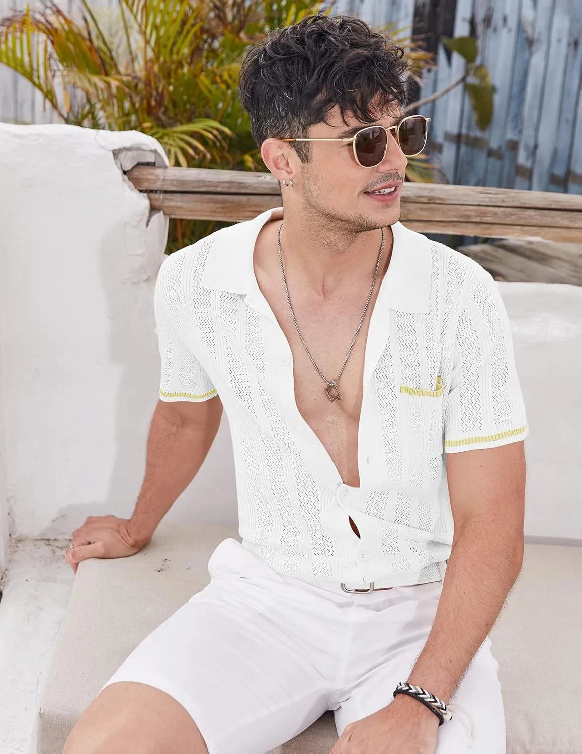 COOFANDY Men's Knit Button Down Shirt 2025 Vintage Short Sleeve Polo Shirt Casual Beach Tops