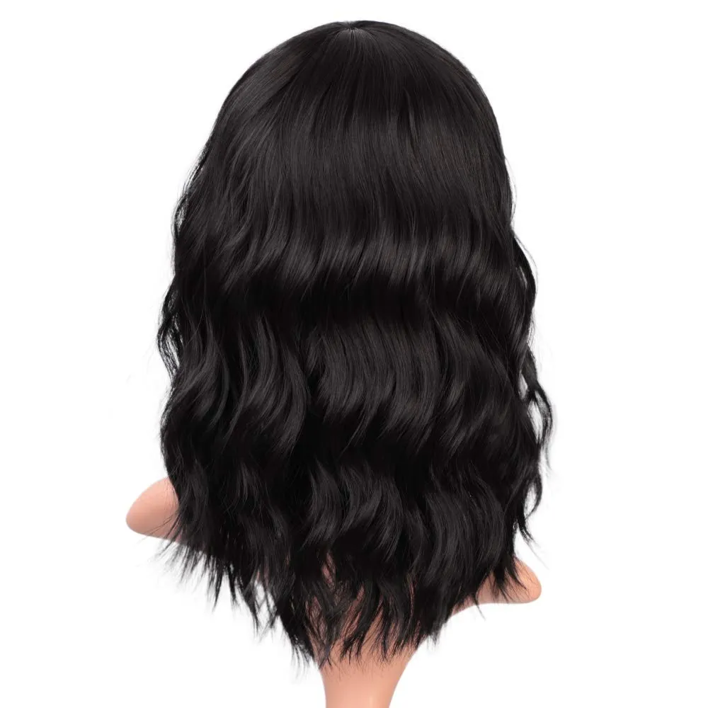 ENTRANCED STYLES Black Wigs with Bangs for Women 14 Inches Synthetic Curly Bob Wig for Girl Natural Looking Wavy Wigs