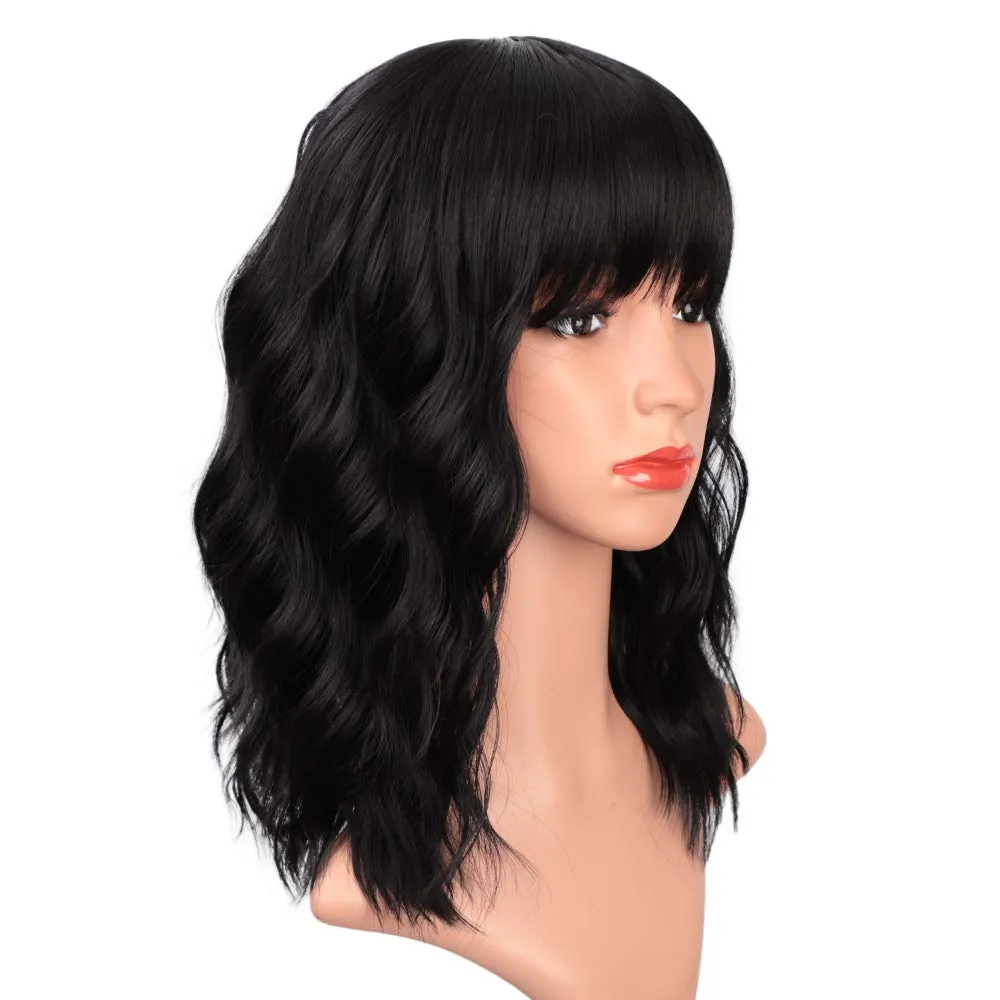 ENTRANCED STYLES Black Wigs with Bangs for Women 14 Inches Synthetic Curly Bob Wig for Girl Natural Looking Wavy Wigs