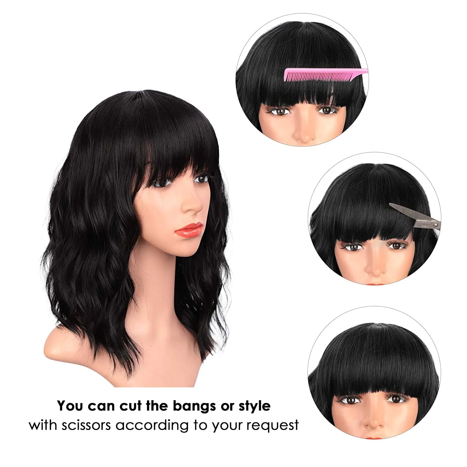 ENTRANCED STYLES Black Wigs with Bangs for Women 14 Inches Synthetic Curly Bob Wig for Girl Natural Looking Wavy Wigs