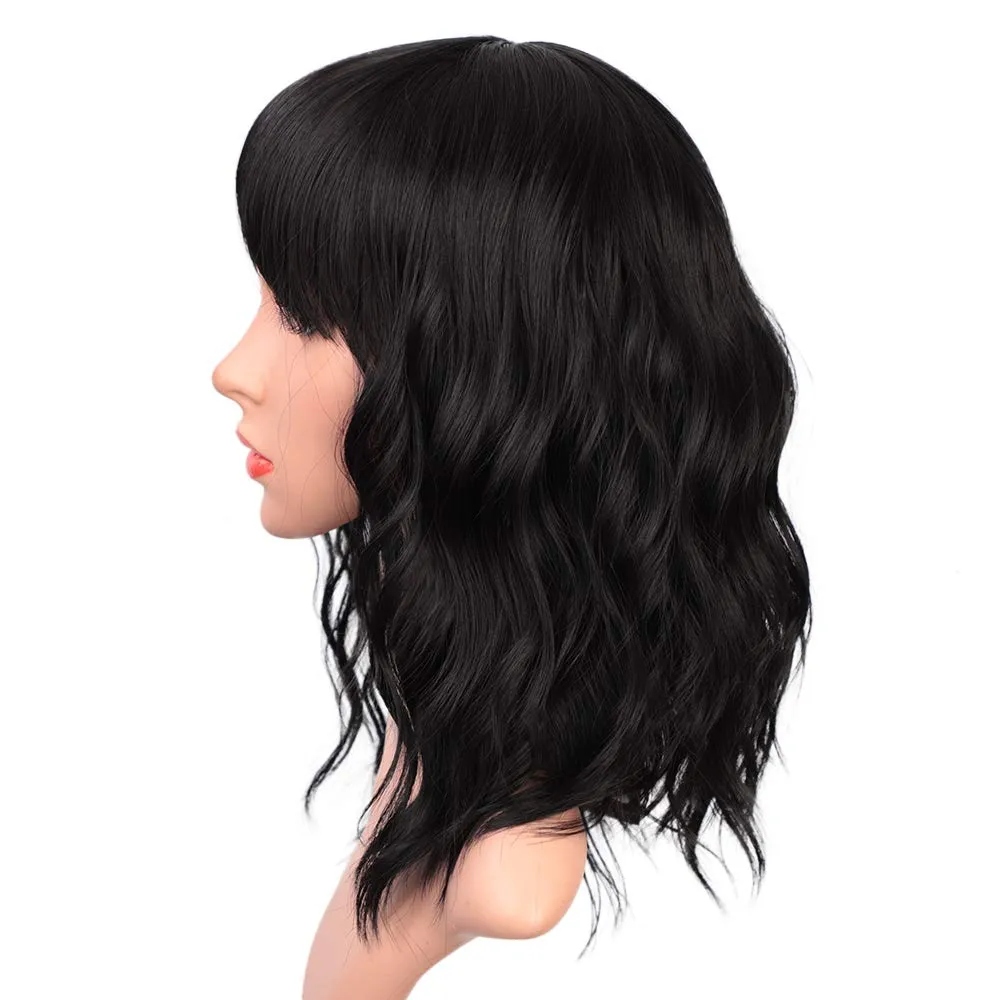 ENTRANCED STYLES Black Wigs with Bangs for Women 14 Inches Synthetic Curly Bob Wig for Girl Natural Looking Wavy Wigs