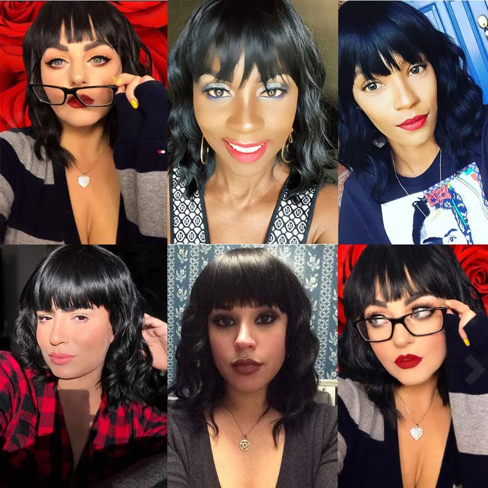 ENTRANCED STYLES Black Wigs with Bangs for Women 14 Inches Synthetic Curly Bob Wig for Girl Natural Looking Wavy Wigs