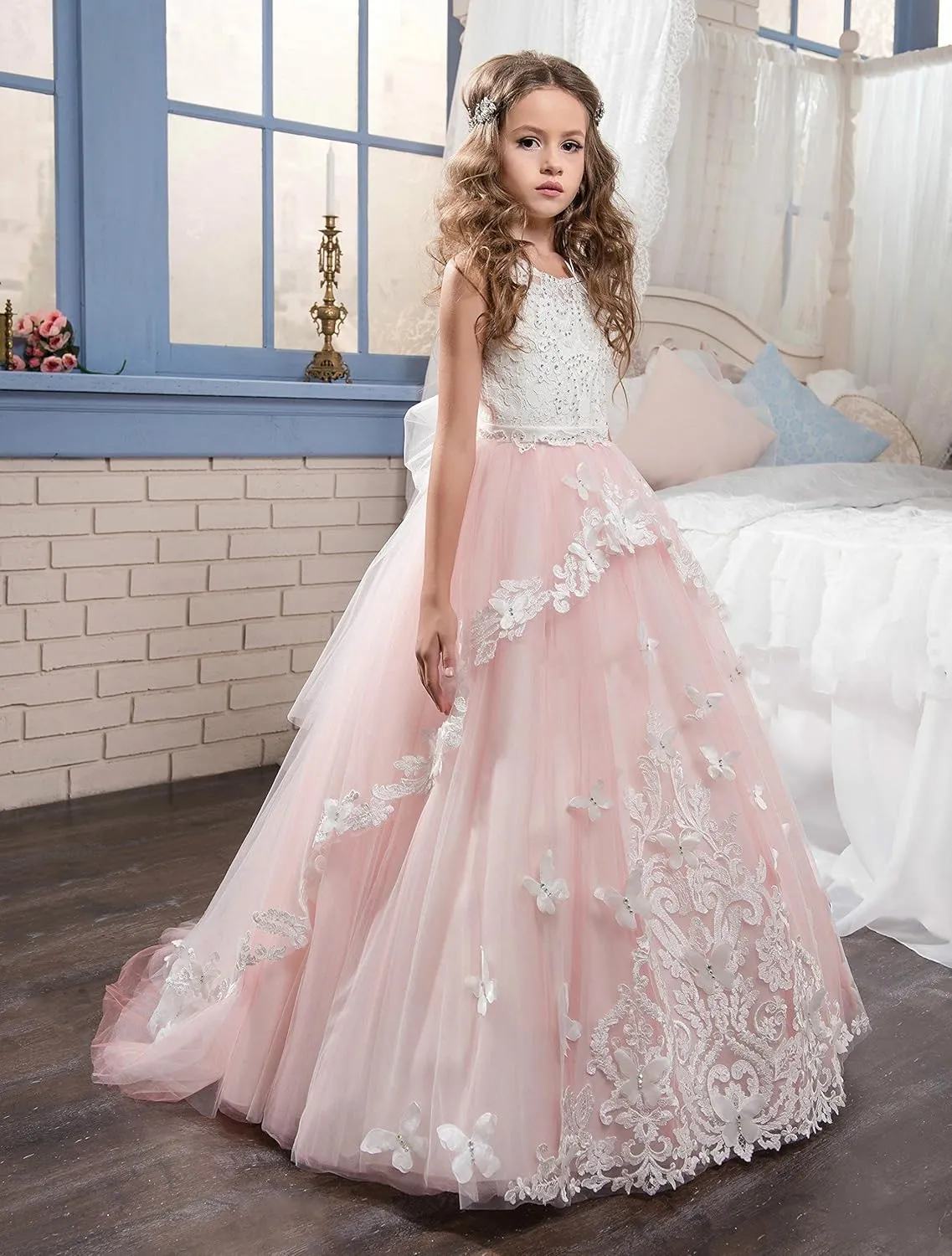 Flower Girl Dress Kids Lace Beaded Pageant Ball Gowns