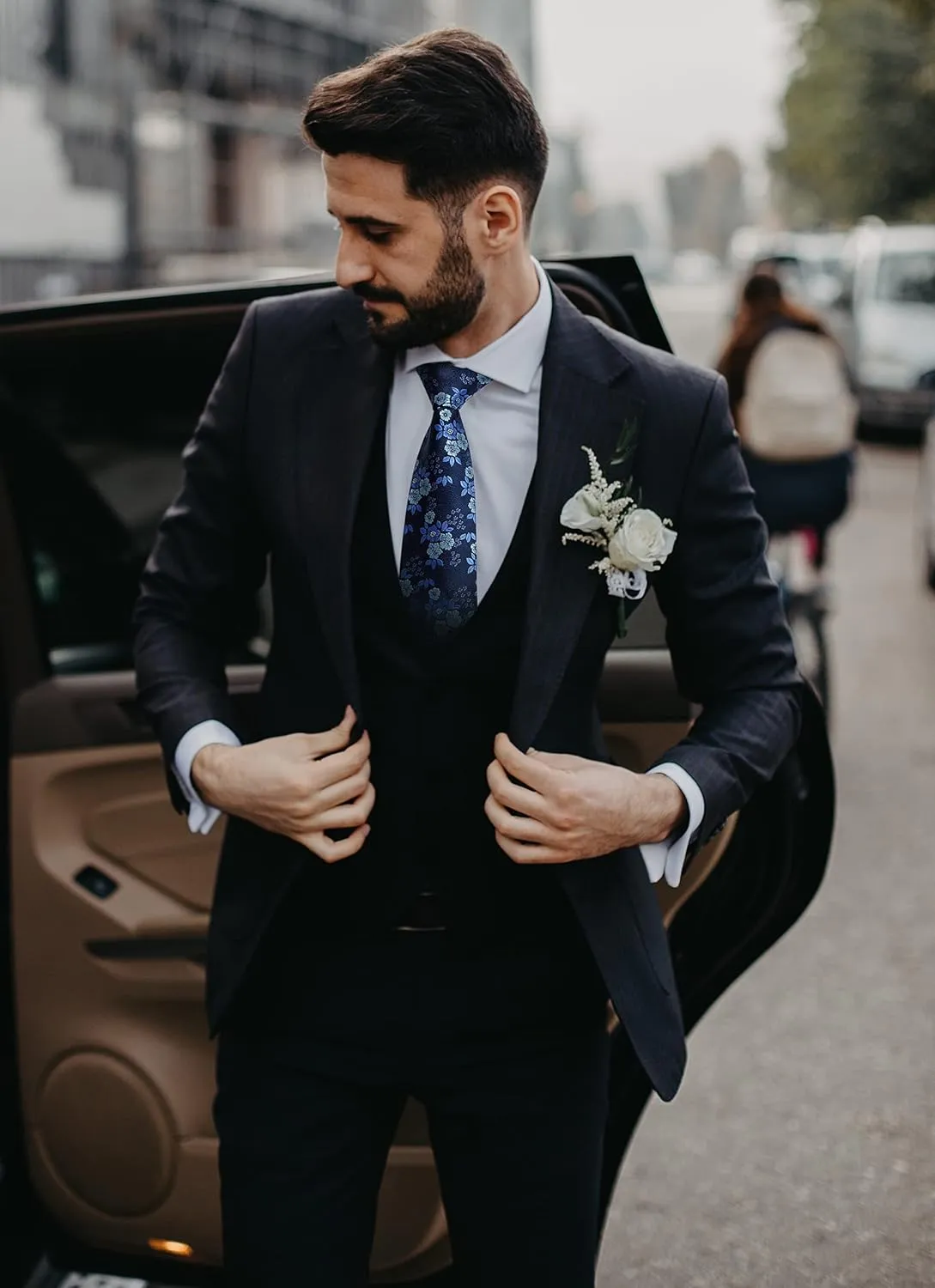 HISDERN Men Floral Ties Woven Classic 3.4" Necktie Set Formal tie Pocket Square for Wedding with Handkerchief Gift Box