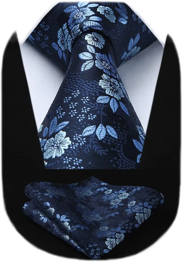 HISDERN Men Floral Ties Woven Classic 3.4" Necktie Set Formal tie Pocket Square for Wedding with Handkerchief Gift Box