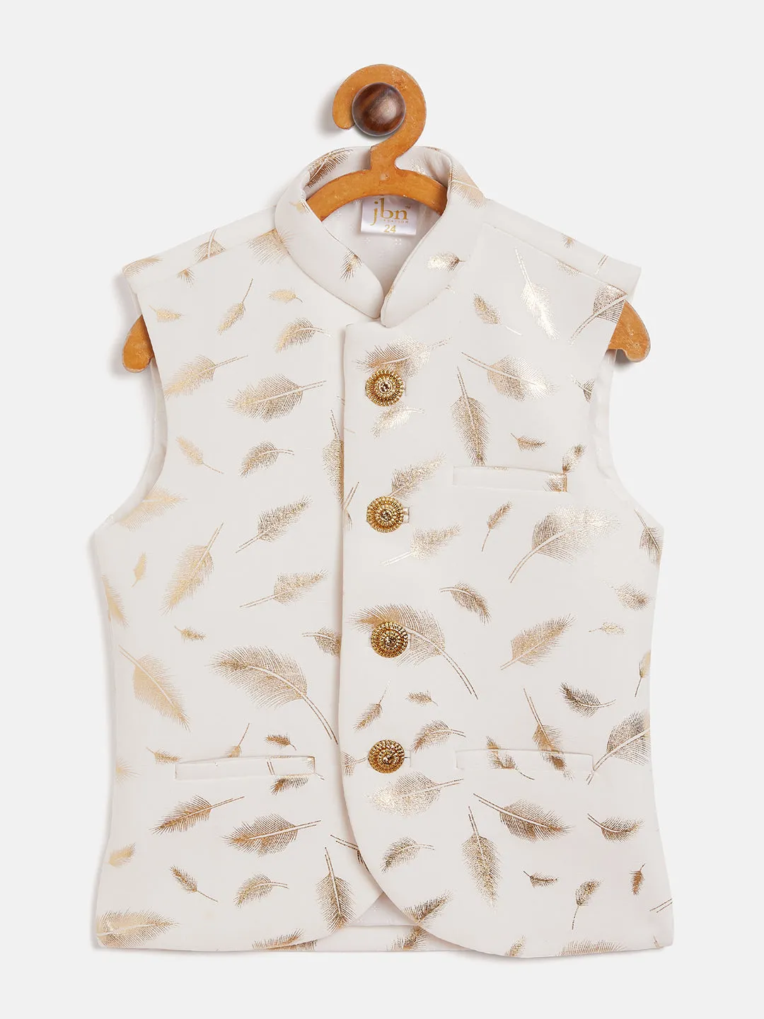 Jashvi White And Gold Scuba Foil Print Nehru Jacket
