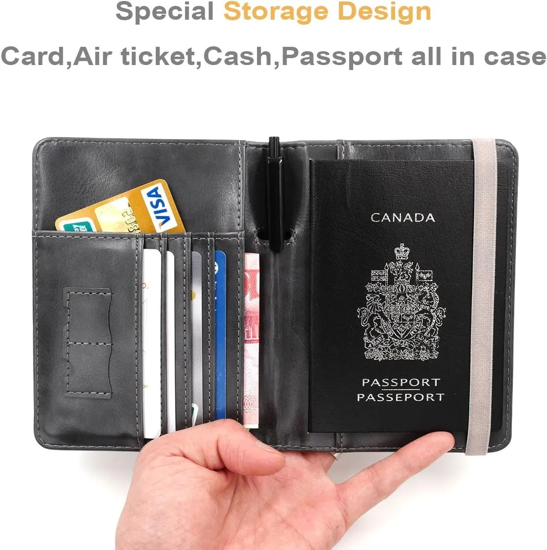 kandouren RFID Passport Holder Cover Case,Travel Accessories for Men,Passport Wallet with Gray Leather for Mens,Gift for traveler,Credit Card and ID Holder Wallet