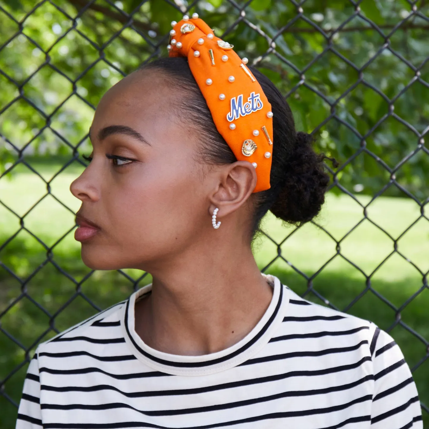 NY METS LELE SADOUGHI / MLB ORANGE EMBELLISHED KNOTTED HEADBAND