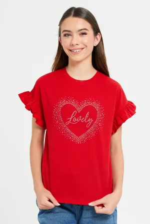 Senior Girls Red Embellished Ruffle Sleeve Top
