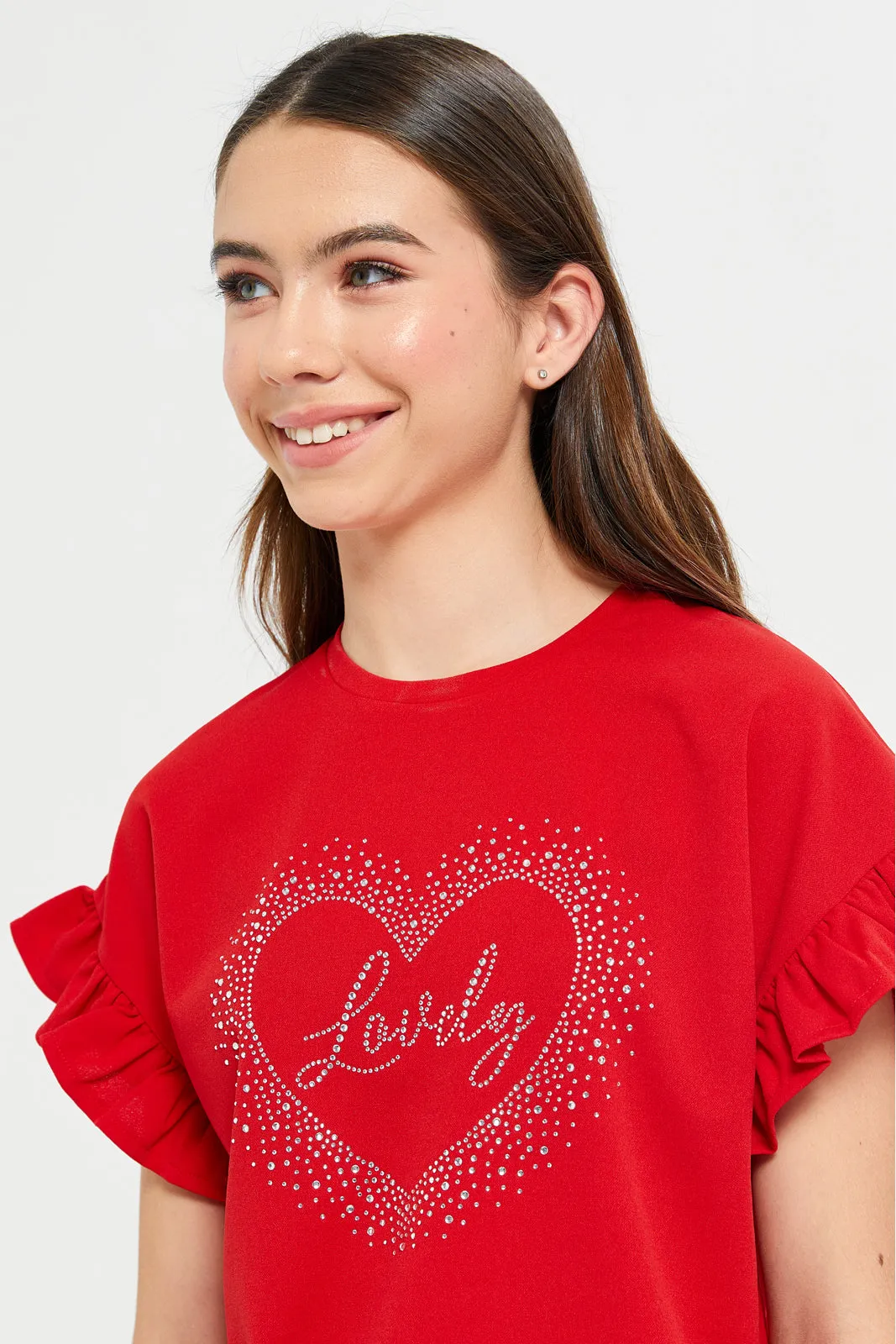 Senior Girls Red Embellished Ruffle Sleeve Top