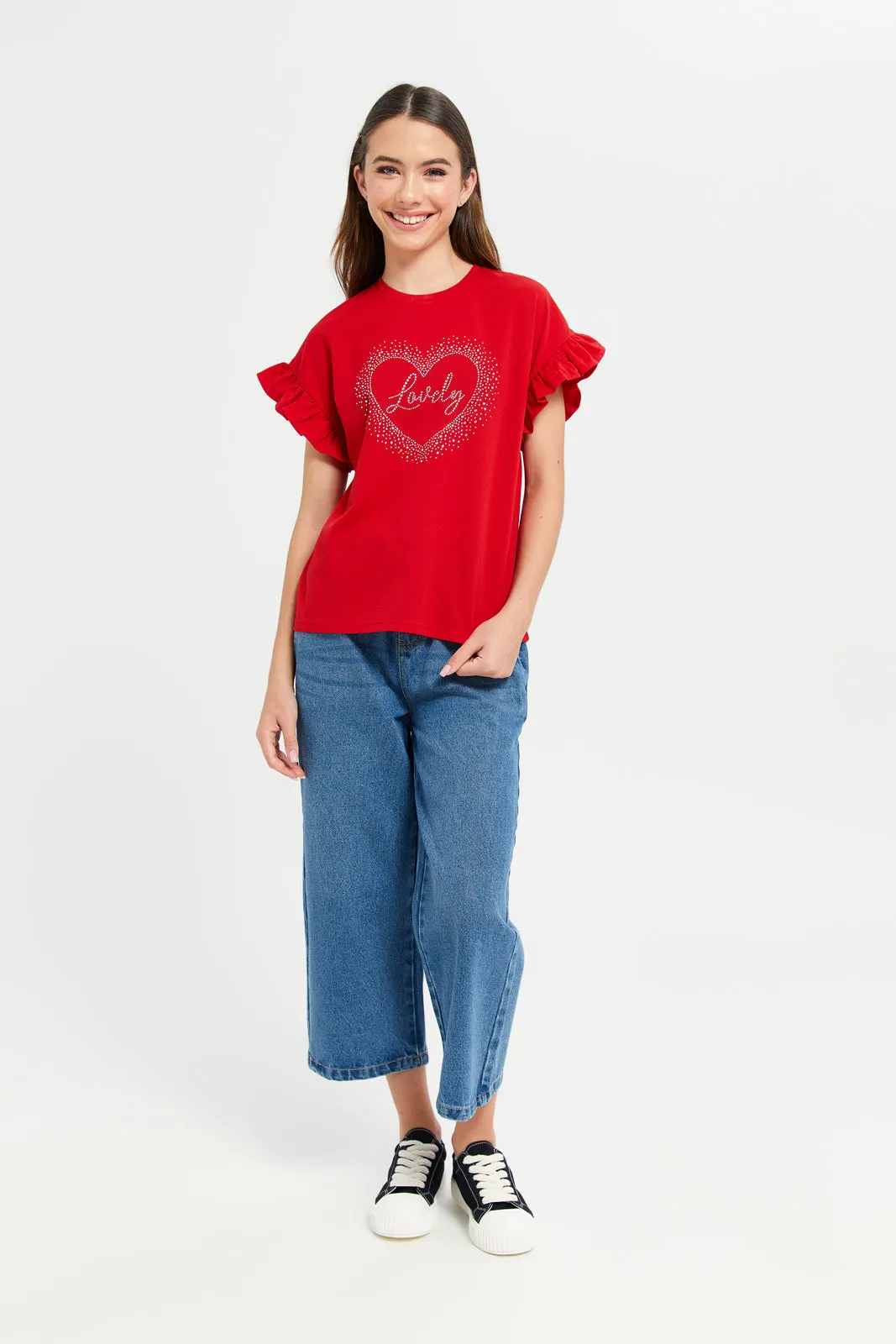 Senior Girls Red Embellished Ruffle Sleeve Top
