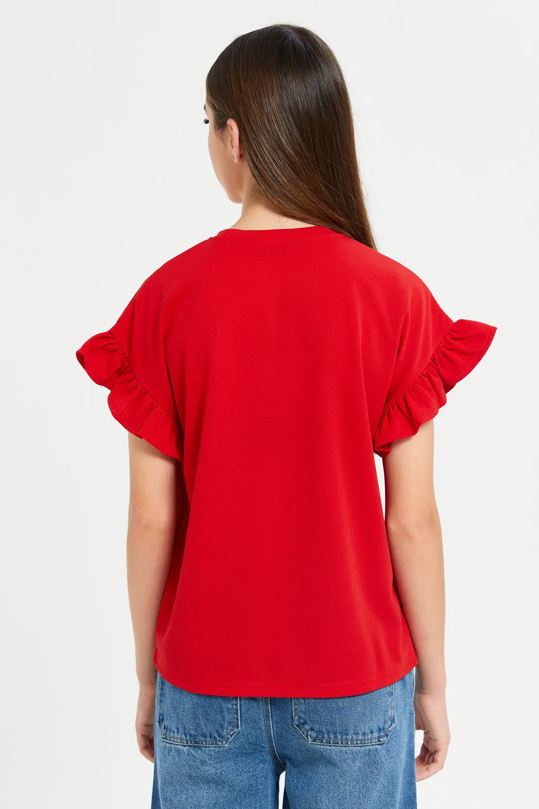 Senior Girls Red Embellished Ruffle Sleeve Top