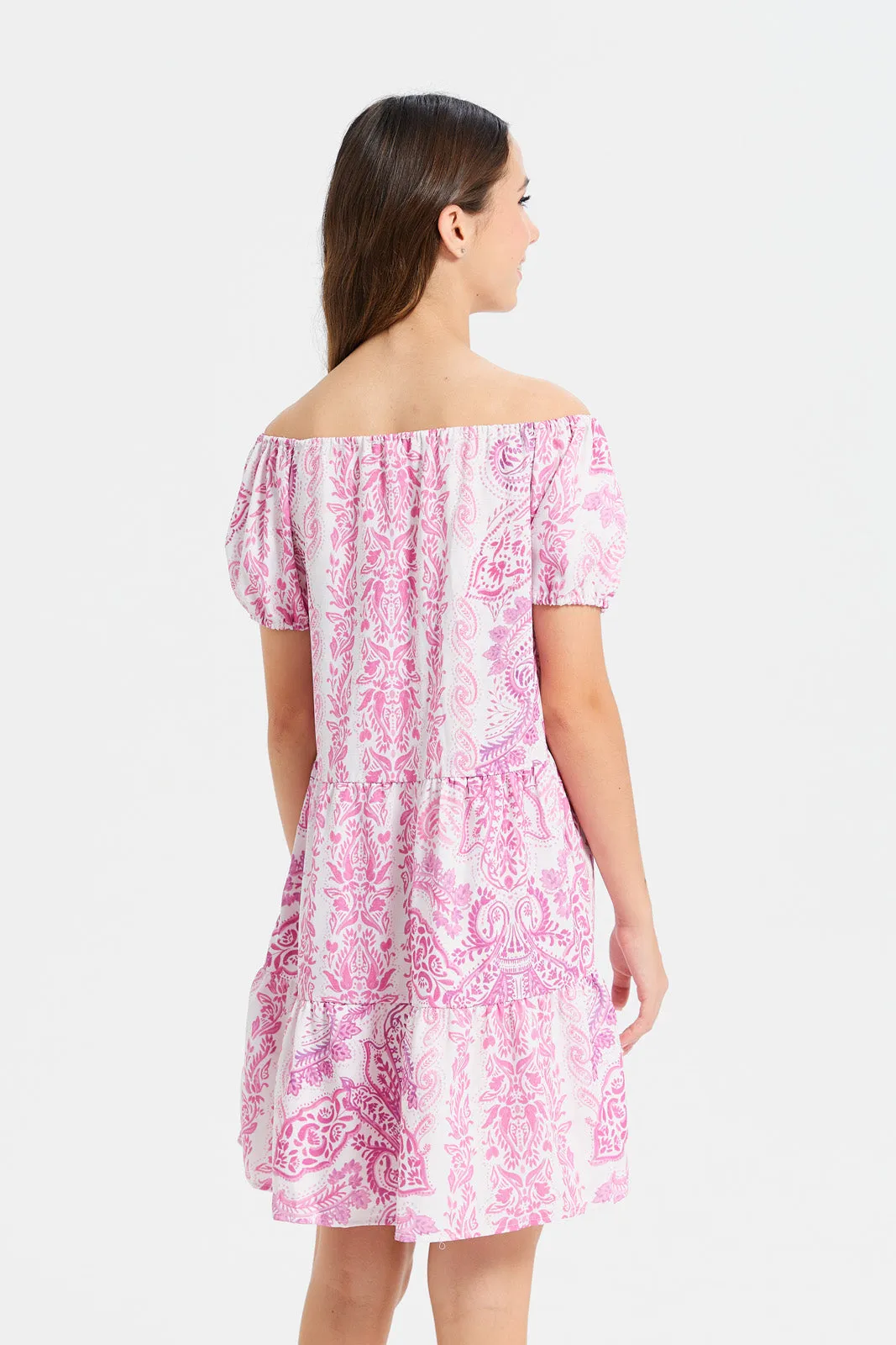 Senior Girls White And Pink Printed Dress