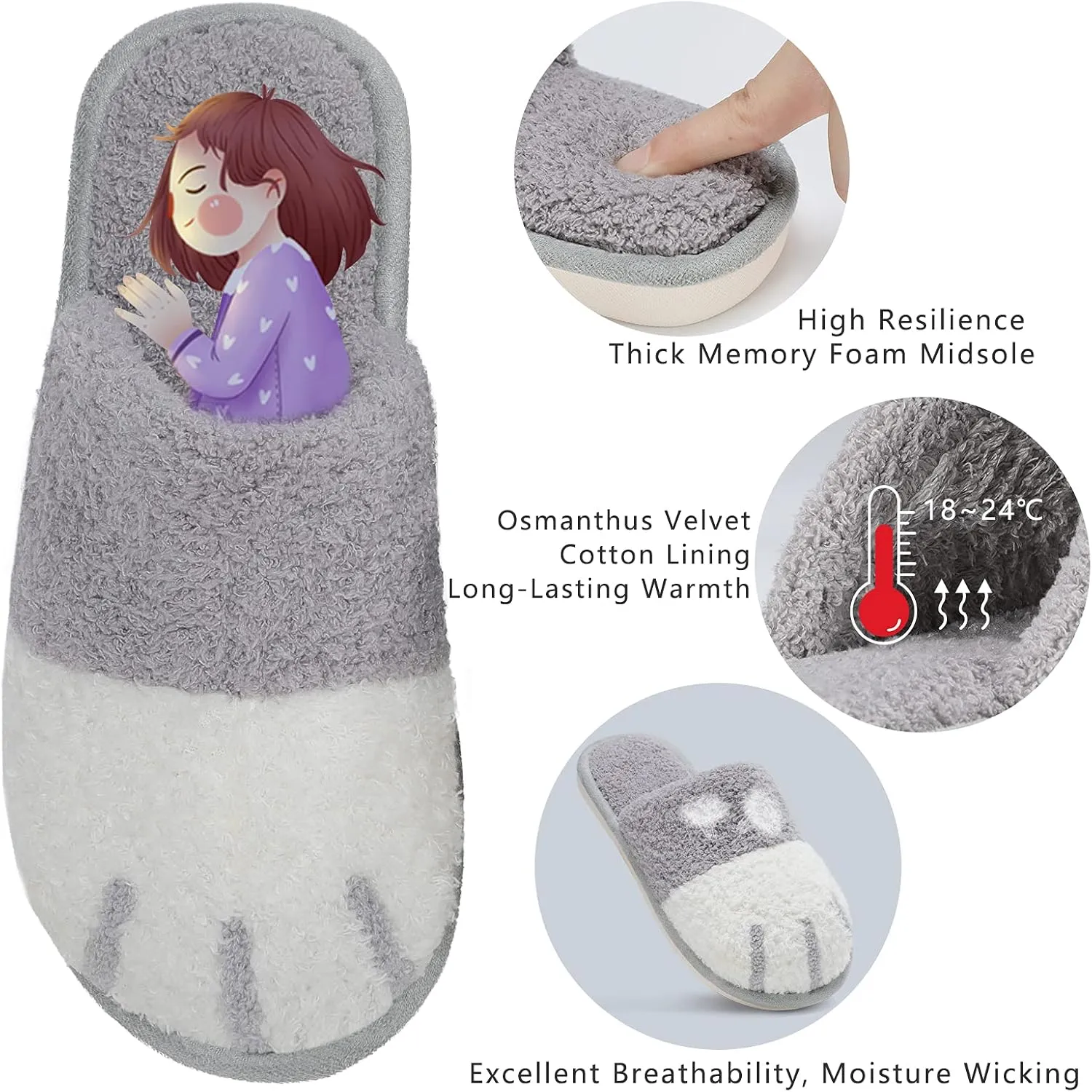 SINNO Cute Animal Slippers for Women Indoor Outdoor Memory Foam House Slipper Soft Warm Cozy Fuzzy Bedroom Non-Slip Shoes Christmas Gift ladies