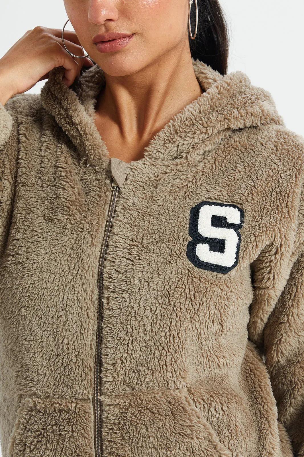 Women Beige Fleece Zip Through Hooded Sweatshirt