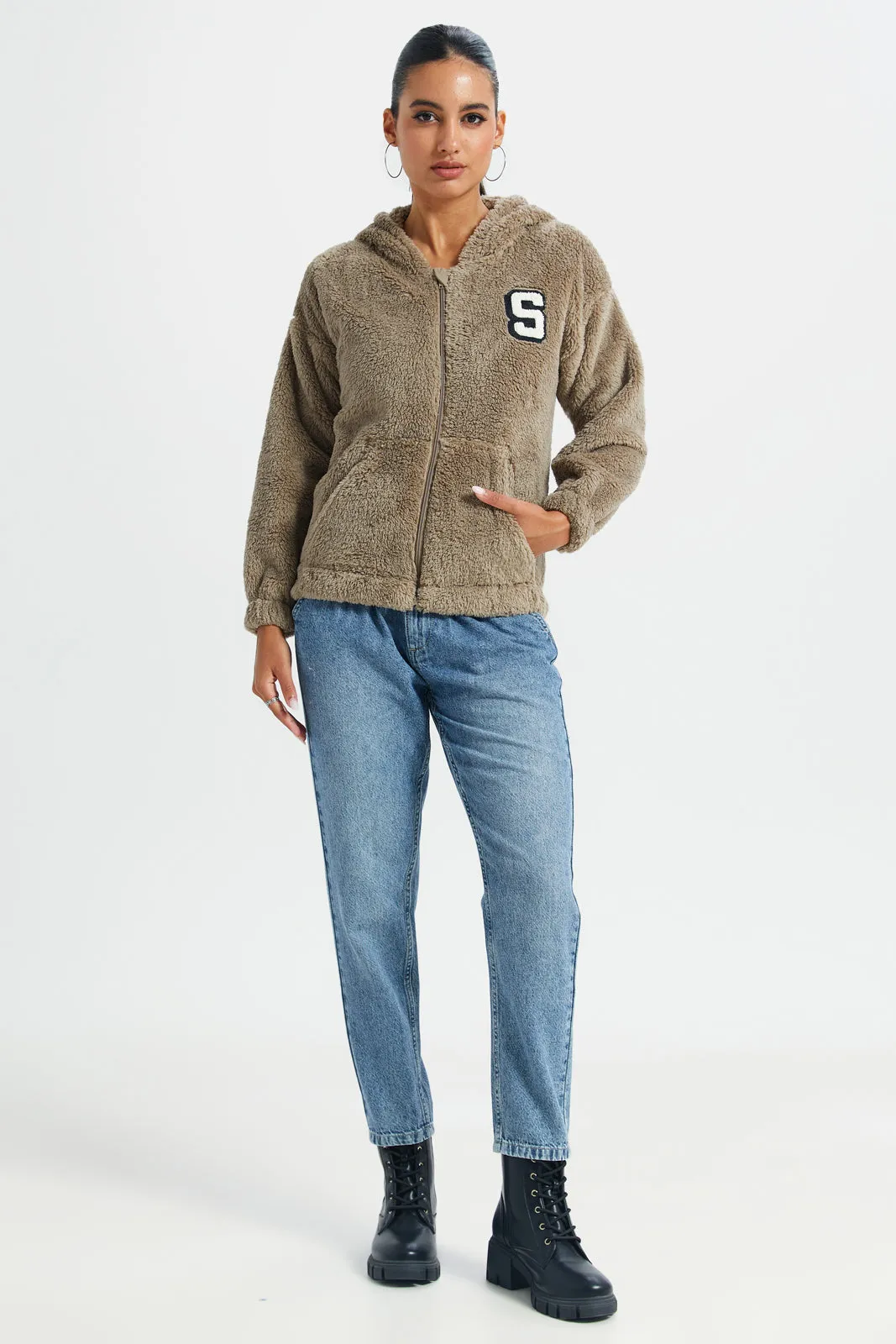 Women Beige Fleece Zip Through Hooded Sweatshirt