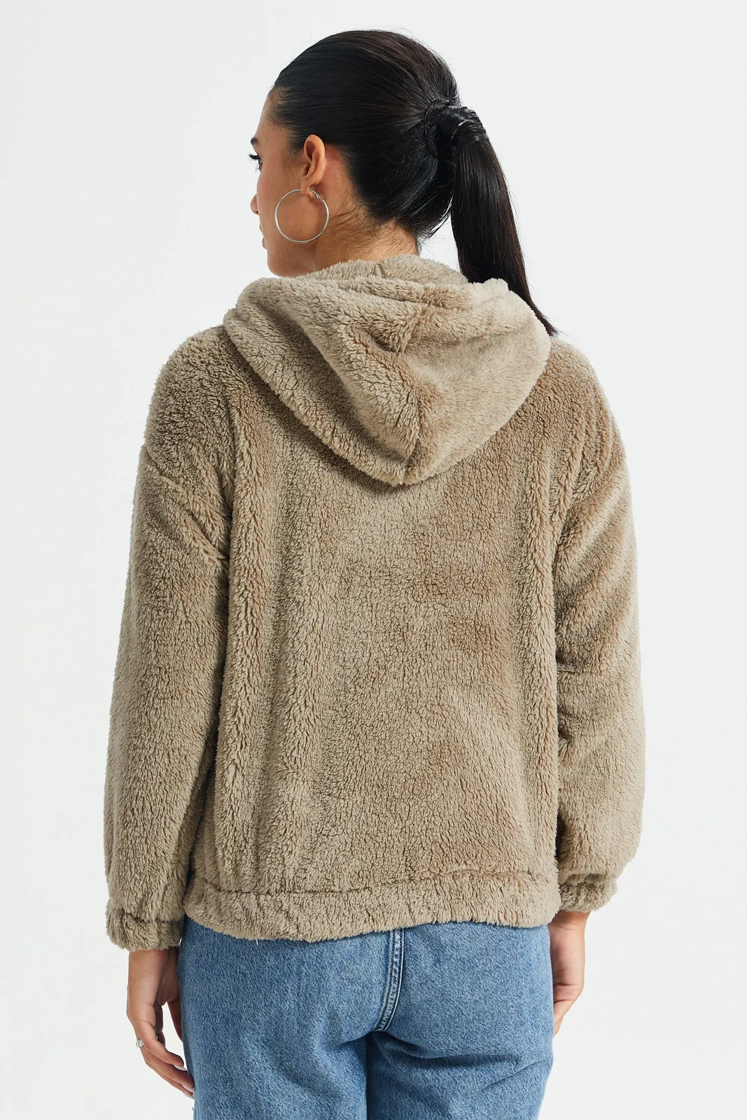 Women Beige Fleece Zip Through Hooded Sweatshirt