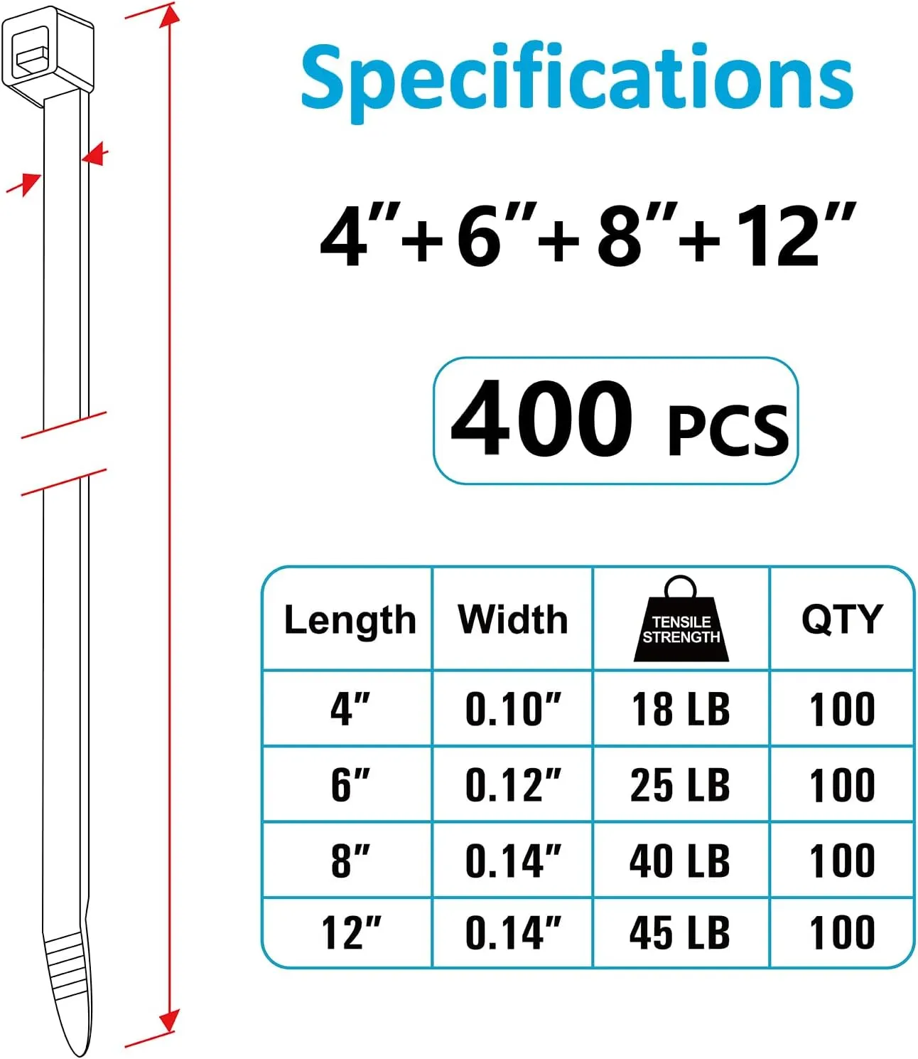 Zip Ties Assorted Sizes(4 6 8 12), 400 Pack, Black Cable Ties, UV Resistant Wire Ties by ANOSON